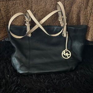 Michael Kors Black Leather Tote with Beige Trim and Gold Charm